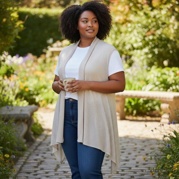 LOFT NWT Ribbed Waterfall Open Front Sweater Vest Oatmeal One Size Fits Most - Picture 1 of 12